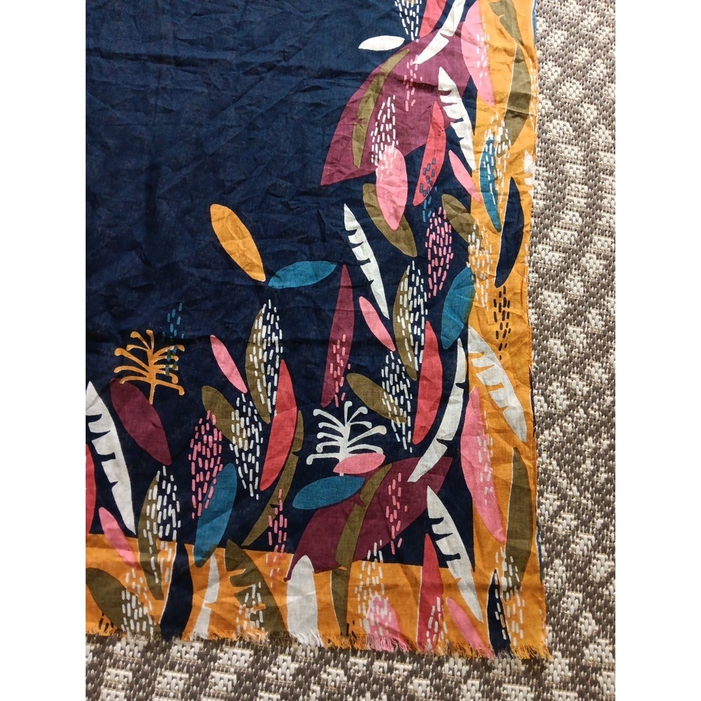Galeries Lafayette Paris Sheer Scarf Navy Blue Leaf 100% Cotton Fringe Artsy - Picture 5 of 6